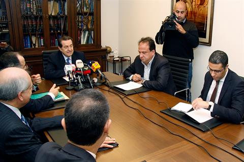 Mninister Boutros Harb speaks during a press conference in Beirut, Monday, March 31, 2014. (The Daily Star/Dalati Nohra, HO)