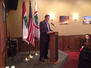 Lebanese Forces Detroit Chapter President Tony Malouf delivers remarks at a private dinner hosted in honor of Bishop A. Elias Zaidan and Lebanese Forces USA Coordinator Maurice Daaboul