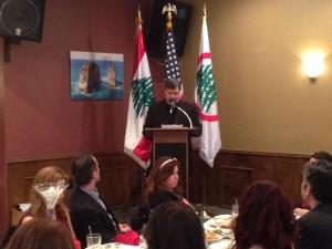 Chorbishop Alfred Badawi delivers remarks at a private dinner hosted in honor of Bishop A. Elias Zaidan and Lebanese Forces USA Coordinator Maurice Daaboul