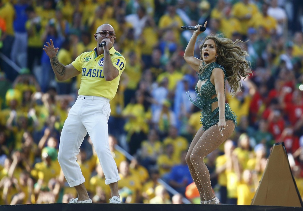 Singers Jennifer Lopez and Pitbull  perform during the opening ceremony of the 2014 World Cup at the Corinthians arena in Sao Paulo