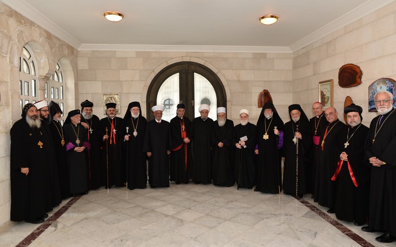 Catholic, Orthodox and Muslim religious leaders meet for an interfaith summit in Bkerke, Lebanon, March 30 (CNS photo/Mychel Akl).