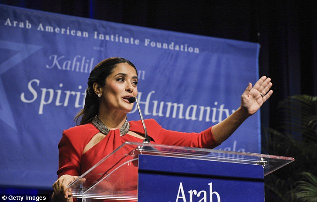 Salma Hayek receives an award during the 17th annual Kahlil Gibran Spirit of Humanity Gala at Omni Shoreham Hotel on April 29, 2015 in Washington, DC. (Photo by Kris Connor/Getty Images)