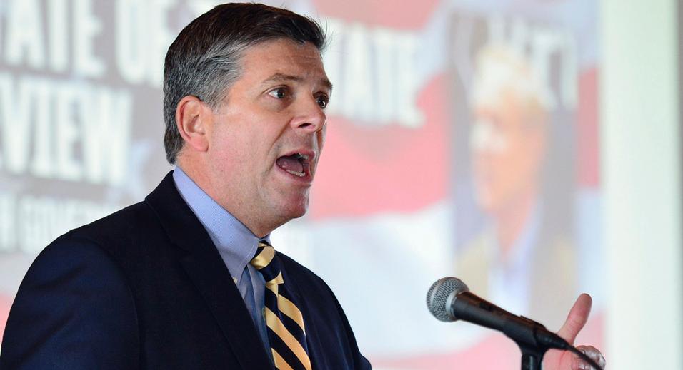 In this Feb. 6, 2015 file photo, Illinois state Sen. Darin LaHood, R-Dunlap, is seen at a Chamber of Commerce event in Peoria, Ill. LaHood, the son of former White House cabinet member and longtime Peoria U.S. Rep. Ray LaHood. (Fred Zwicky/Journal Star via AP, File)