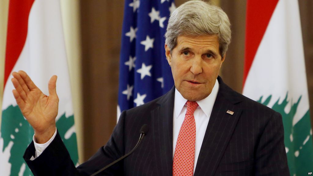U.S. Secretary of State John Kerry speaks during a press conference after his meeting with Lebanese Prime Minister Tamam Salam, at the government palace, in Beirut, Lebanon, June 4, 2014. (AP PHOTO/HUSSEIN MALLA)