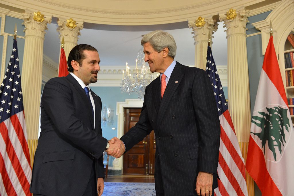 U.S. Secretary of State John Kerry delivers remarks with former Lebanese Prime Minister Saad Hariri at a meeting at the U.S. Department of State in Washington, D.C. on April 22, 2015. (State Department Photo/Public Domain)