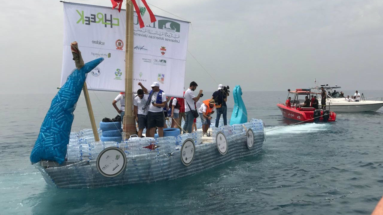 LAU students make ‘Phoenician ship’ made of plastic bottles