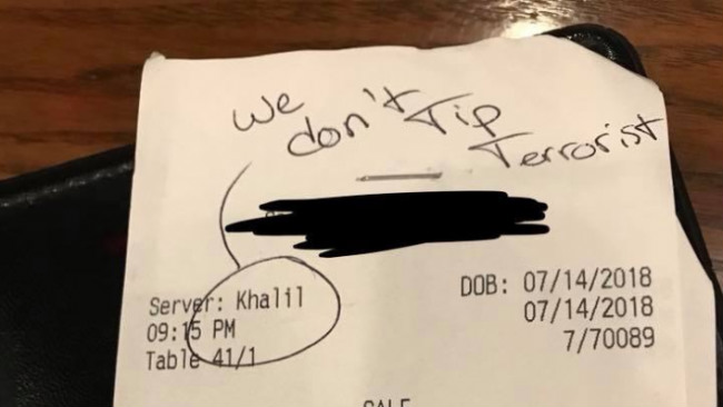 Khalil Cavil fake waiter racist receipt