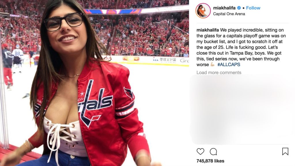 Former Lebanese porn star Mia Khalifa is set to undergo surgery after a hockey puck smashed into her left breast and damaged an implant. (Instagram/Mia Khalifa)