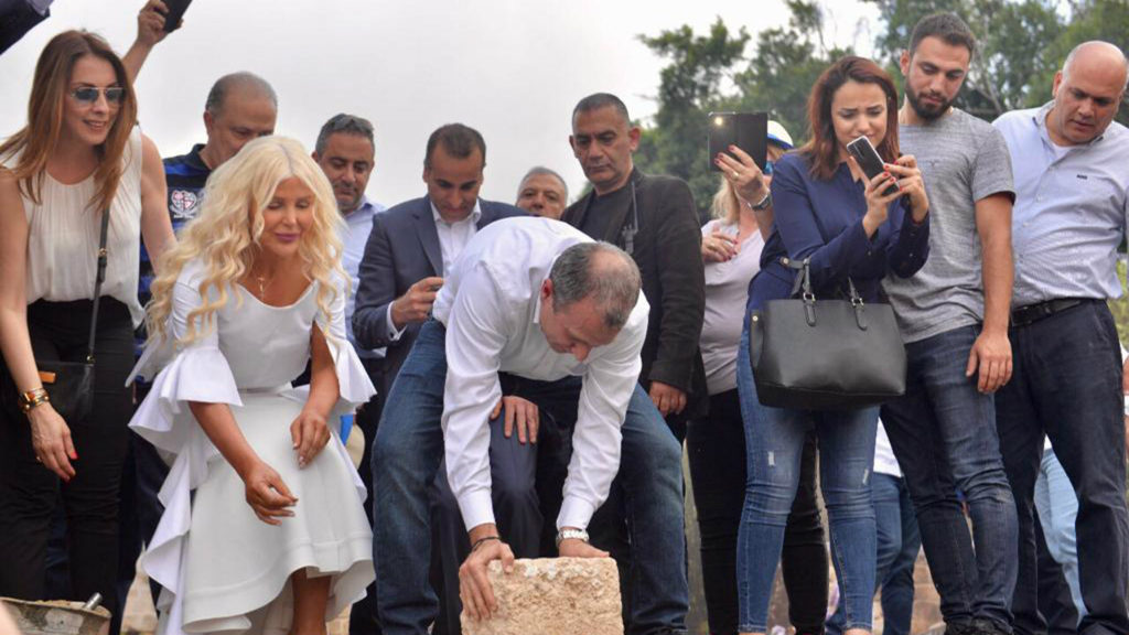 Attorney Joumana Kayrouz joins Minister Gebran Bassil to place the first stone in the groundbreaking for a new Youth Hub Center in Batroun, Lebanon. (Law Offices of Joumana Kayrouz)